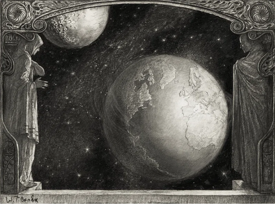 The Earth and the Milky Way and moon (1918) illustrated by W. T